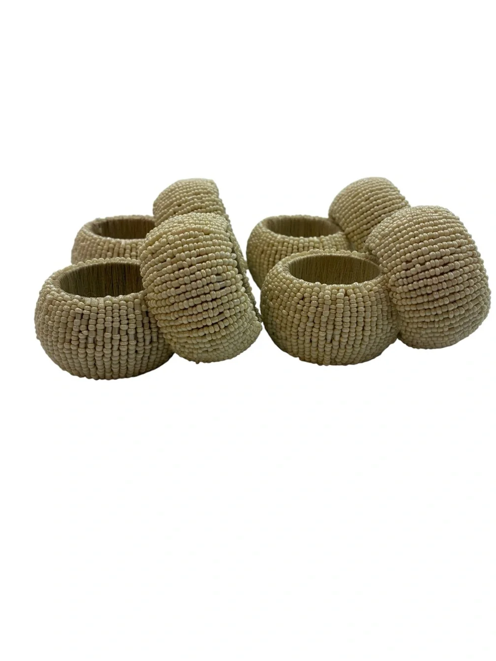 Boho Cream Beaded Napkin Rings Set of 8 Off-White Coastal Table Decor Woven